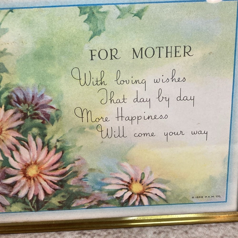 VTG- 1939 Framed Litho Print "FOR MOTHER" Flowers and Poetry! PAM Co